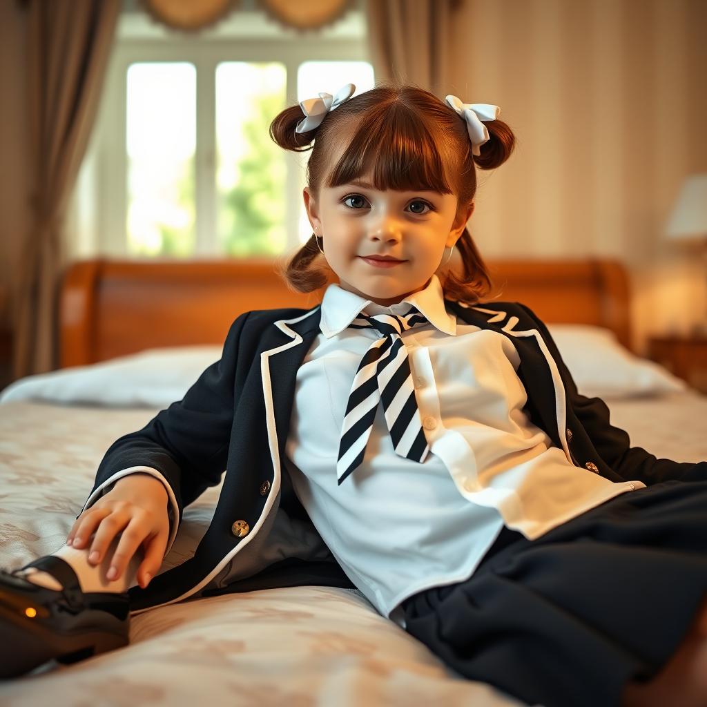 A portrait of a European girl in a tastefully designed bedroom, featuring warm, soft lighting