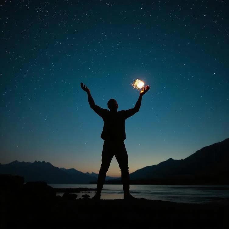 A silhouette of a person standing by a river at nighttime, arms raised triumphantly toward a bright night sky filled with twinkling stars