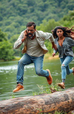 A worried middle-aged Black man with a beard and spectacles, holding a cell phone to his ear, is jumping over a log in a dynamic and dramatic action scene