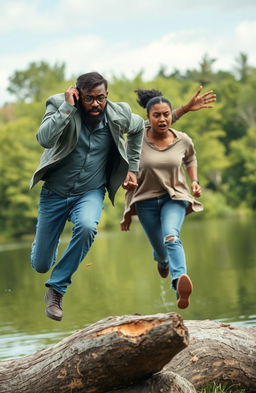 A worried middle-aged Black man with a beard and spectacles, holding a cell phone to his ear, is jumping over a log in a dynamic and dramatic action scene