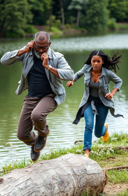 A worried middle-aged Black man with a beard and spectacles, holding a cell phone to his ear, is jumping over a log in a dynamic and dramatic action scene