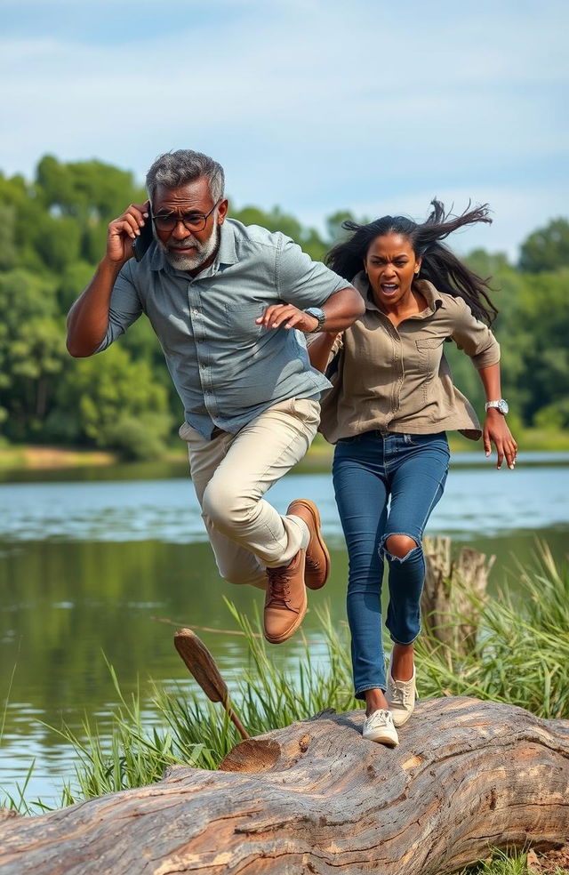 A worried middle-aged Black man with a beard and spectacles, holding a cell phone to his ear, is jumping over a log in a dynamic and dramatic action scene