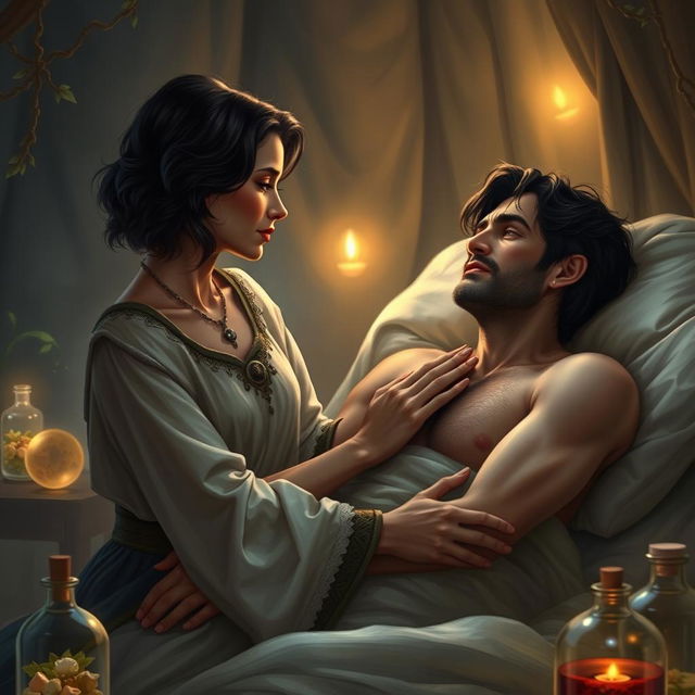 A fantasy scene depicting a human female healer aged 45, with short wavy dark hair, comforting a 45-year-old injured human male