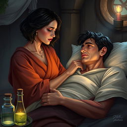 A fantasy scene depicting a human female healer aged 45, with short wavy dark hair, comforting a 45-year-old injured human male