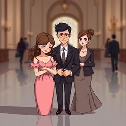 A novel cover design featuring an illustration in two-dimensional animation style, portraying a sophisticated and elegant scene