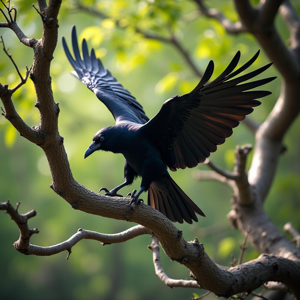 A majestic crow soaring gracefully through a fragmented crown of branches, its dark feathers glistening in the dappled sunlight filtering through the foliage