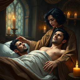 A fantasy scene depicting a human female healer aged 45 with short, wavy dark hair, gently touching a 45-year-old injured male with short dark wavy hair who is lying in bed, visibly in pain and looking up at her with a concerned expression
