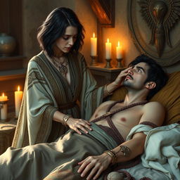A fantasy scene depicting a human female healer aged 45 with short, wavy dark hair, gently touching a 45-year-old injured male with short dark wavy hair who is lying in bed, visibly in pain and looking up at her with a concerned expression