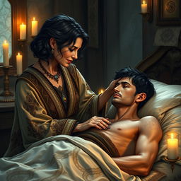 A fantasy scene depicting a human female healer aged 45 with short, wavy dark hair, gently touching a 45-year-old injured male with short dark wavy hair who is lying in bed, visibly in pain and looking up at her with a concerned expression