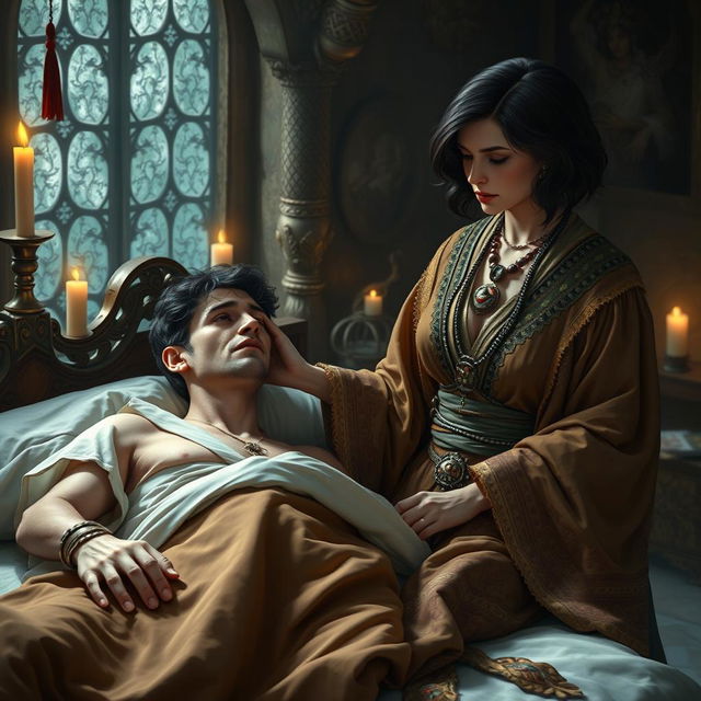 A fantasy scene depicting a human female healer aged 45 with short, wavy dark hair, gently touching a 45-year-old injured male with short dark wavy hair who is lying in bed, visibly in pain and looking up at her with a concerned expression