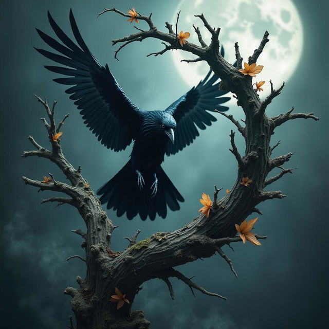 A mysterious crow soaring through a broken witch's crown, an intricate and enchanting headpiece made of twisted branches and leaves, adorned with hints of dark, magical symbols