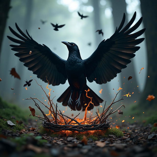 A powerful crow in mid-flight, its wings outstretched as it breaks through a witch's crown made of twisted twigs, eerie symbols, and dark foliage