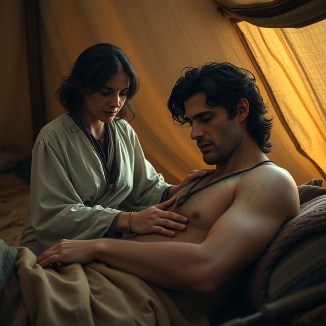 In a desert tent setting, a fantasy human female healer, aged 45, with short wavy dark hair, tenderly touches a 45-year-old injured fantasy human male, also with short dark wavy hair, who is lying in bed looking sick and in pain