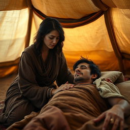 In a desert tent setting, a fantasy human female healer, aged 45, with short wavy dark hair, tenderly touches a 45-year-old injured fantasy human male, also with short dark wavy hair, who is lying in bed looking sick and in pain