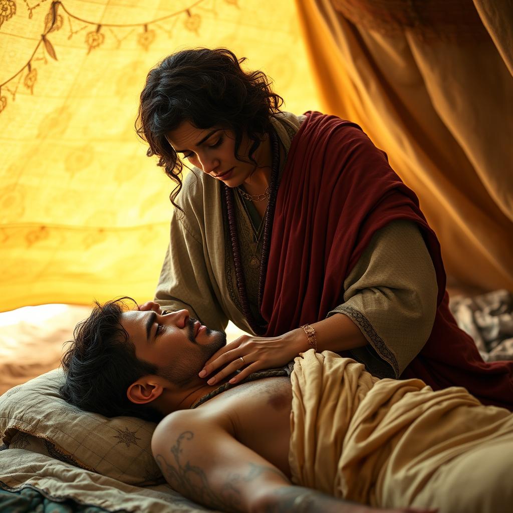 In a desert tent setting, a fantasy human female healer, aged 45, with short wavy dark hair, tenderly touches a 45-year-old injured fantasy human male, also with short dark wavy hair, who is lying in bed looking sick and in pain