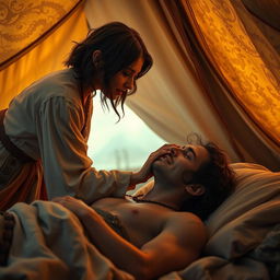 In a desert tent setting, a fantasy human female healer, aged 45, with short wavy dark hair, tenderly touches a 45-year-old injured fantasy human male, also with short dark wavy hair, who is lying in bed looking sick and in pain