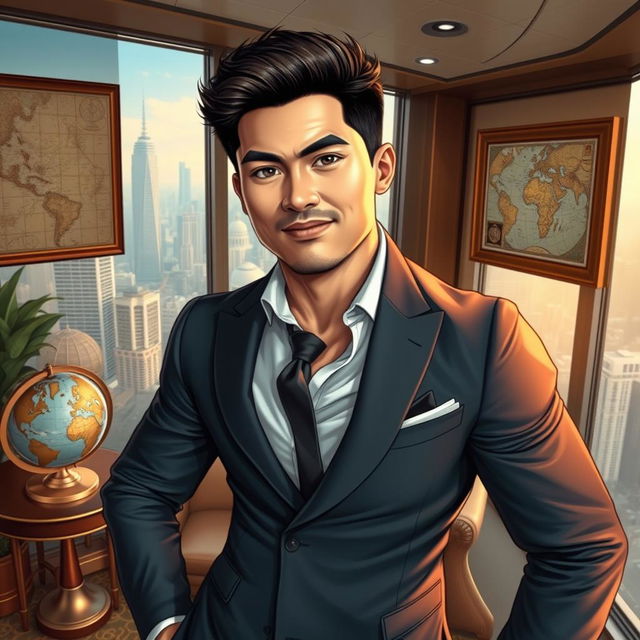 A dynamic portrayal of a handsome Indonesian male character, depicted as a wealthy CEO with a strong and adventurous spirit