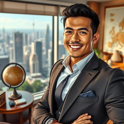 A dynamic portrayal of a handsome Indonesian male character, depicted as a wealthy CEO with a strong and adventurous spirit