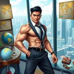 A dynamic portrayal of a handsome Indonesian male character, depicted as a wealthy CEO with a strong and adventurous spirit