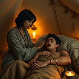 A fantasy scene depicting a human female healer aged 45 with short, wavy dark hair
