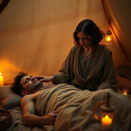 A fantasy scene depicting a human female healer aged 45 with short, wavy dark hair