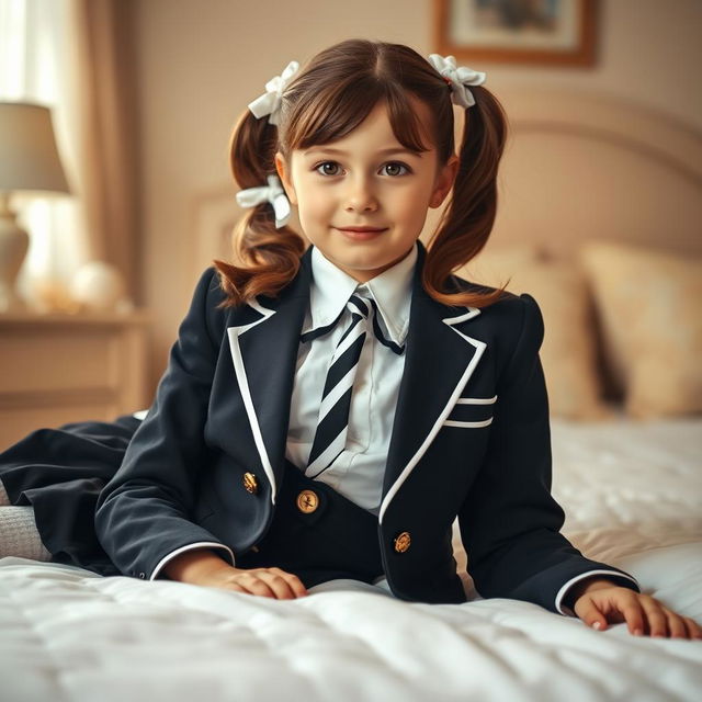 A portrait of a European girl in a beautifully decorated bedroom, featuring soft and warm lighting that creates an inviting atmosphere