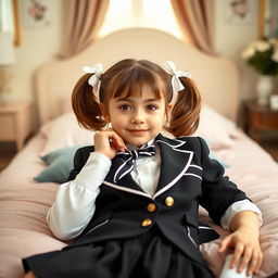 A portrait of a European girl in a beautifully decorated bedroom, featuring soft and warm lighting that creates an inviting atmosphere