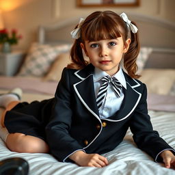 A portrait of a European girl in a beautifully decorated bedroom, featuring soft and warm lighting that creates an inviting atmosphere