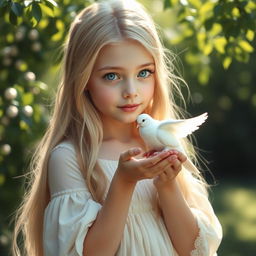A beautiful girl of Slavic appearance with long, flowing blond hair, delicately holding a pure white dove in her hand