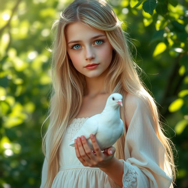 A beautiful girl of Slavic appearance with long, flowing blond hair, delicately holding a pure white dove in her hand