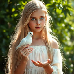 A beautiful girl of Slavic appearance with long, flowing blond hair, delicately holding a pure white dove in her hand