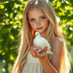A beautiful girl of Slavic appearance with long, flowing blond hair, delicately holding a pure white dove in her hand