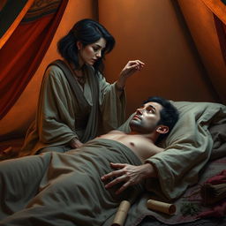 A touching scene in a desert tent setting, featuring a fantasy human female healer aged 45 with short wavy dark hair, dressed in flowing robes, gently touching the forehead of a 45-year-old injured fantasy human male, who has short dark wavy hair