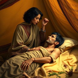 A touching scene in a desert tent setting, featuring a fantasy human female healer aged 45 with short wavy dark hair, dressed in flowing robes, gently touching the forehead of a 45-year-old injured fantasy human male, who has short dark wavy hair