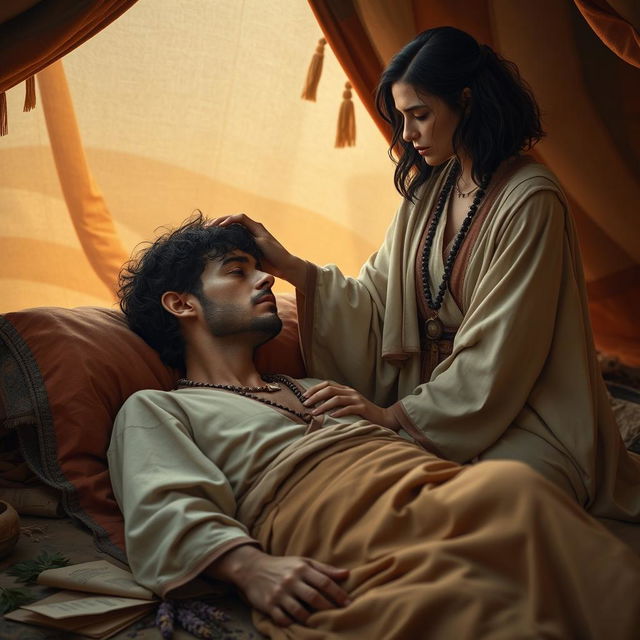 A touching scene in a desert tent setting, featuring a fantasy human female healer aged 45 with short wavy dark hair, dressed in flowing robes, gently touching the forehead of a 45-year-old injured fantasy human male, who has short dark wavy hair