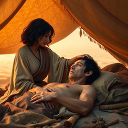 A touching scene in a desert tent setting, featuring a fantasy human female healer aged 45 with short wavy dark hair, dressed in flowing robes, gently touching the forehead of a 45-year-old injured fantasy human male, who has short dark wavy hair