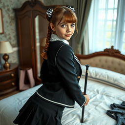 An ultra-realistic full-body portrait of a European schoolgirl with brown hair styled in braids, adorned with cute bows, and striking green eyes