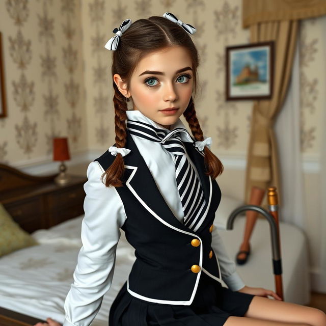 An ultra-realistic full-body portrait of a European schoolgirl with brown hair styled in braids, adorned with cute bows, and striking green eyes