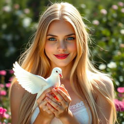 A stunning young woman of Slavic descent, featuring long, flowing blonde hair that glistens in the sunlight