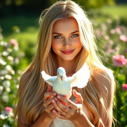 A stunning young woman of Slavic descent, featuring long, flowing blonde hair that glistens in the sunlight