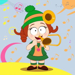 A lively and vibrant cartoon illustration featuring Wendy Testaburger from the animated series 'South Park', confidently playing a trombone