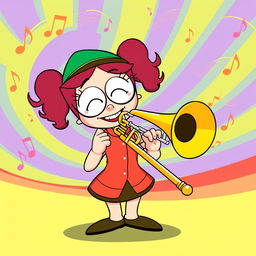 A lively and vibrant cartoon illustration featuring Wendy Testaburger from the animated series 'South Park', confidently playing a trombone
