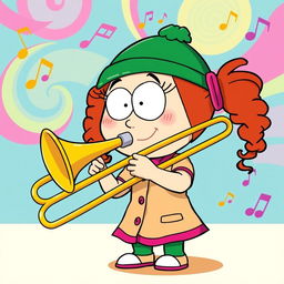 A lively and vibrant cartoon illustration featuring Wendy Testaburger from the animated series 'South Park', confidently playing a trombone