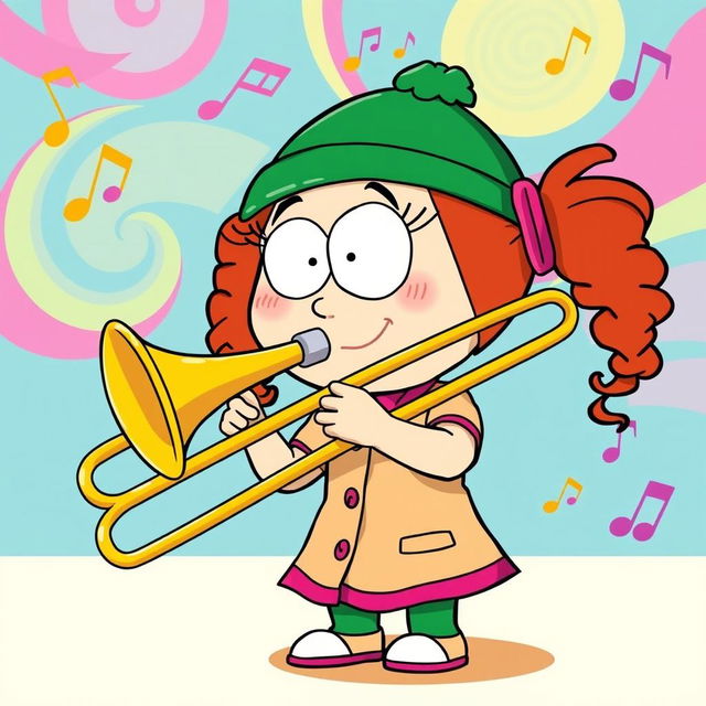 A lively and vibrant cartoon illustration featuring Wendy Testaburger from the animated series 'South Park', confidently playing a trombone