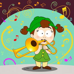 A lively and vibrant cartoon illustration featuring Wendy Testaburger from the animated series 'South Park', confidently playing a trombone