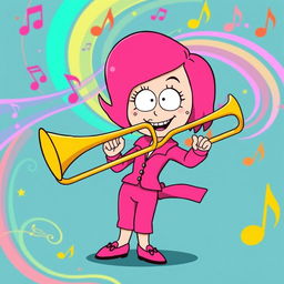 A lively and colorful cartoon illustration featuring Bebe Stevens from 'South Park', confidently playing a trombone