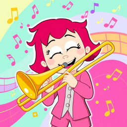 A lively and colorful cartoon illustration featuring Bebe Stevens from 'South Park', confidently playing a trombone