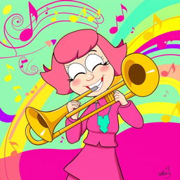 A lively and colorful cartoon illustration featuring Bebe Stevens from 'South Park', confidently playing a trombone