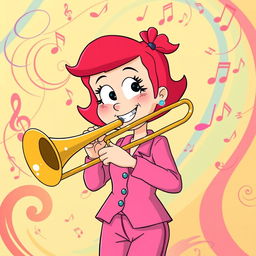 A lively and colorful cartoon illustration featuring Bebe Stevens from 'South Park', confidently playing a trombone