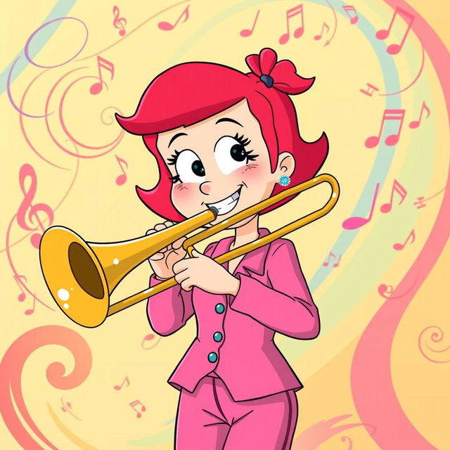 A lively and colorful cartoon illustration featuring Bebe Stevens from 'South Park', confidently playing a trombone